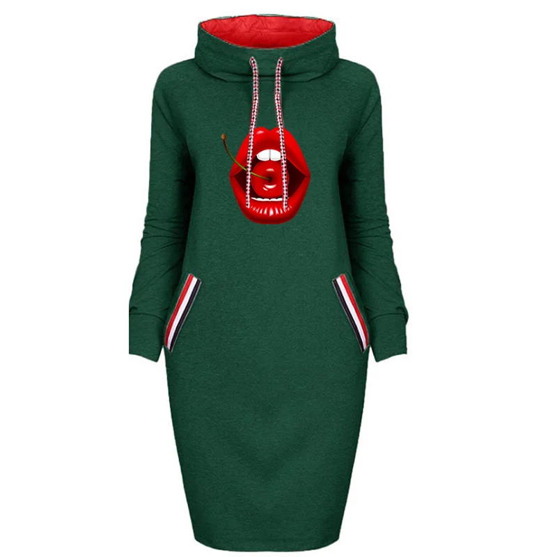 

Women Dress Sexy Lips Print Vintage Bodycon Fall Long Sleeve Pocket Slim Pencil Dresses Elegant Party Femme Robe Autumn Robe