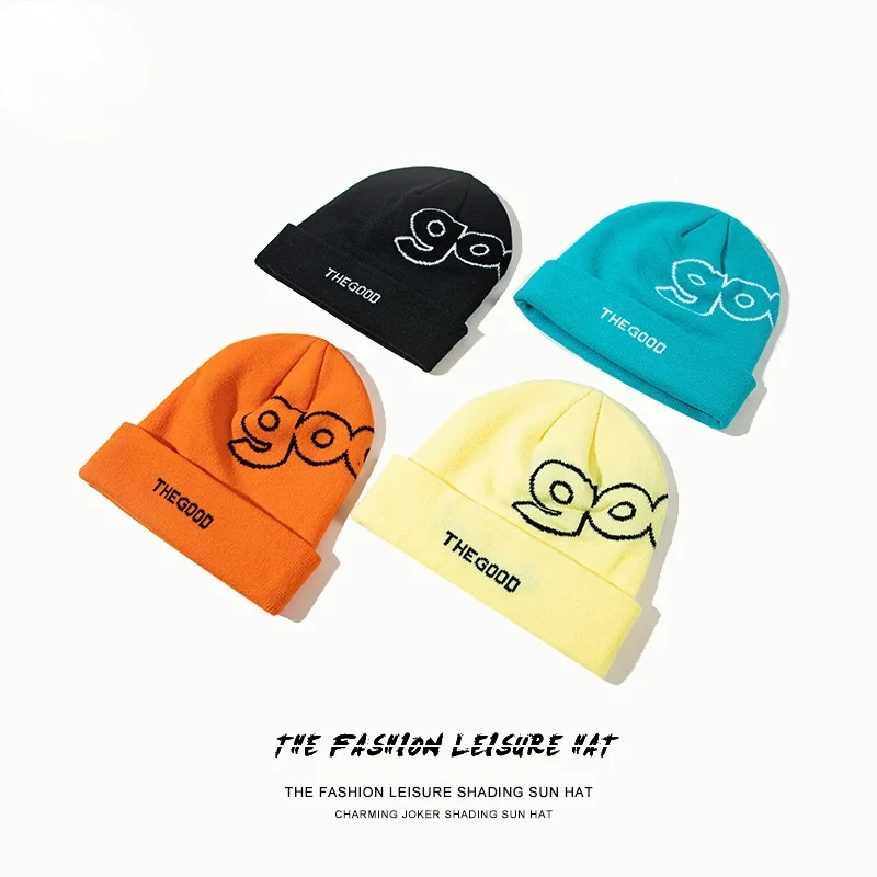 

2021 New Autumn Winter Fashion Trend Embroidery Letter Printing Knitted Hat for Woman Man Orange Blue Black Hip-hop Baotou Cap