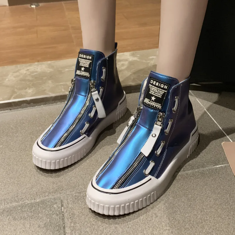 Женские высокие кроссовки на платформе Синие Кожаные слипоны теплые