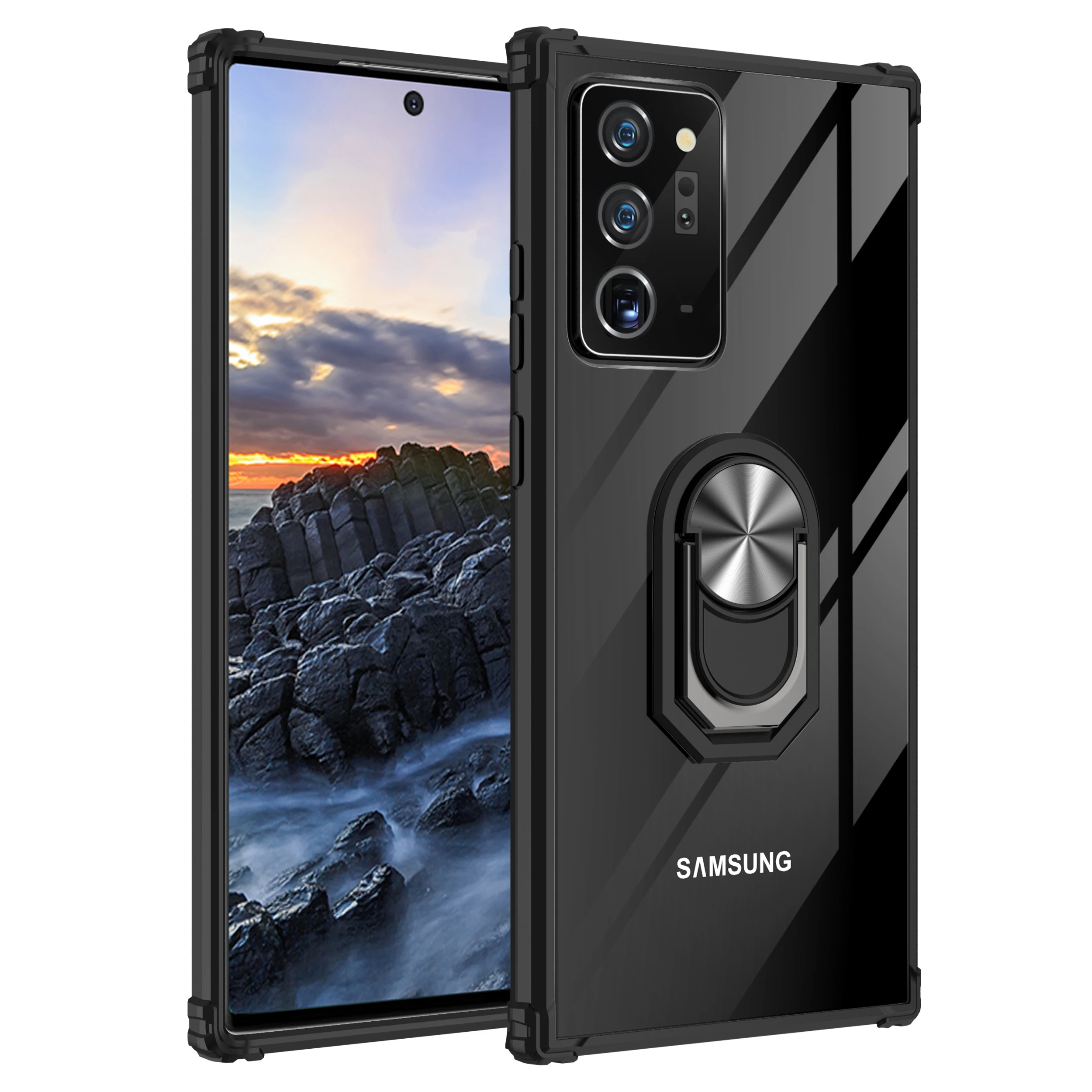 Military Acrylic Rugged Armor Shockproof Case For Samsung Galaxy Note 20 Ultra Magnetic Metal Ring Stand Transparent Back Cover