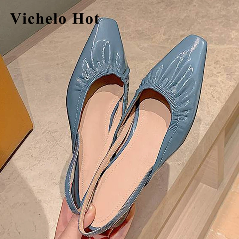 

Vichelo Hot size 40 genuine leather low heels square toe shallow mules Non-slip back strap cozy pleated dating women sandals l66