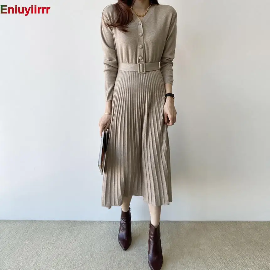 

Hot Sale Chic Women Knit Sweater Dress Belt A Line Female 2021 Elegant Casual Loose V-Neck Pleated Knitted Midi Dress Vestidos