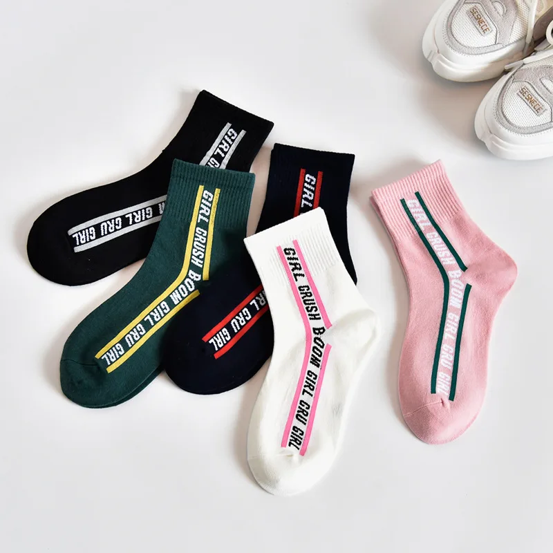 Spring Summer Trendyol Middle Tube Socks Woman Japanese Fashion Harajuku Girls Letter Sports Green Pink White Fun Socks Designer
