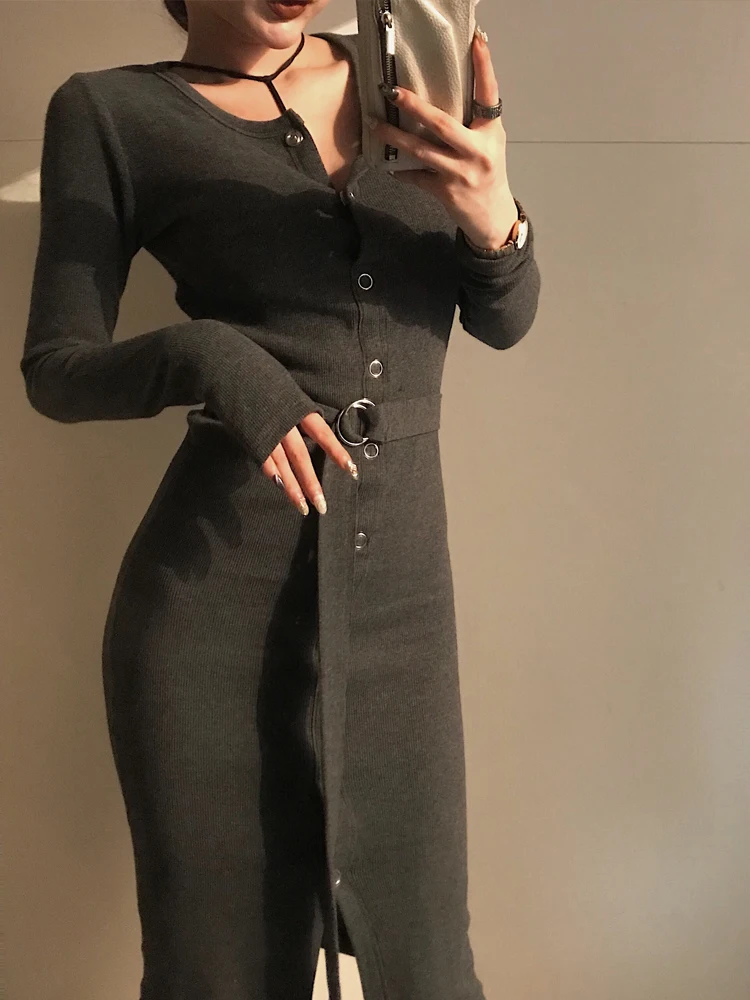 2020 весеннее женское трикотажное платье с поясом и длинным рукавом облегающее