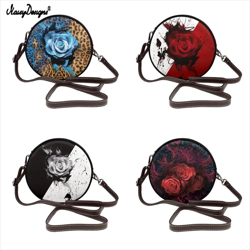 

NOISYDESIGNS Crossbody Bag For Women Luxury Women Bags Leopard Rose Pattern Leather Round Small Shoulder Bag Female Zip Purse