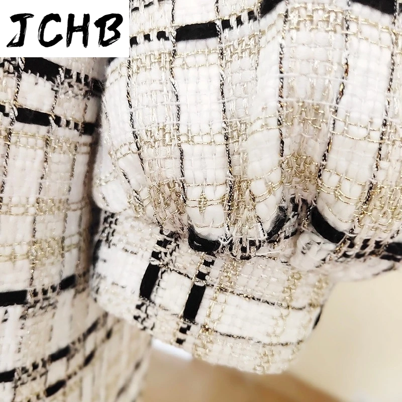 

cute girls sweet v-neck single breasted half lantern sleeve mini tweed dresses 2021 summer slim weave dress Y645