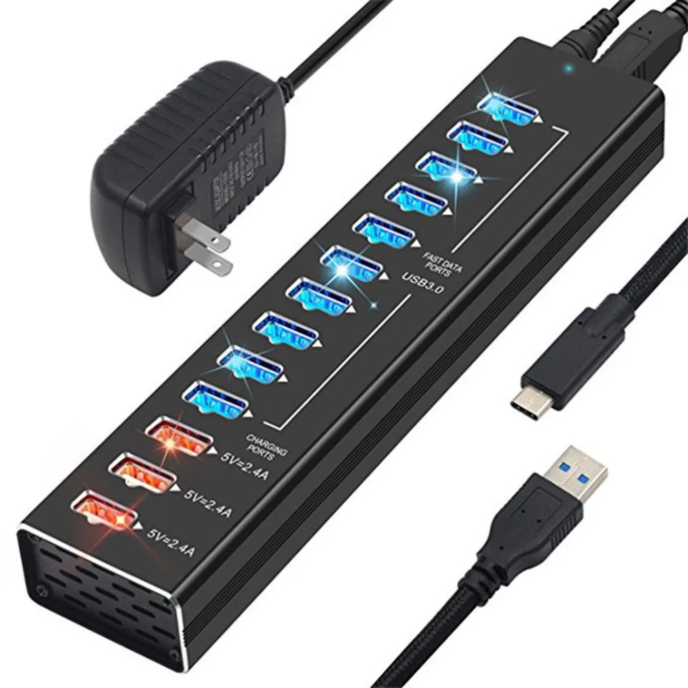 

USB Hub 13-Port USB 3.0 Hub with 3 Fast Charging USB Ports Power Adapter LED Indicator Lights with US Plug (Black)