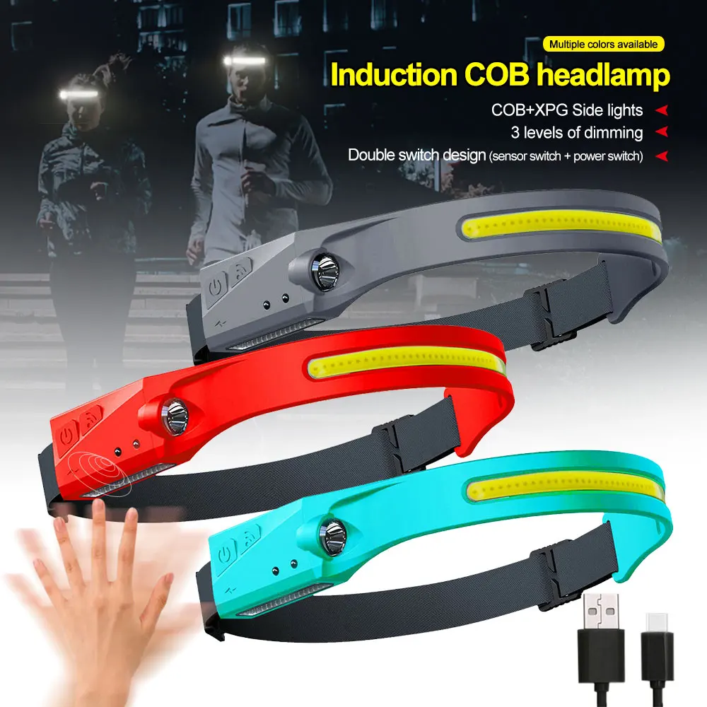 

COB+XPG LED Induction Headlamp USB Rechargeable Hunting Headlight Work Light 5 Modes Warning Head Torch Built-in 1200mAh Battery