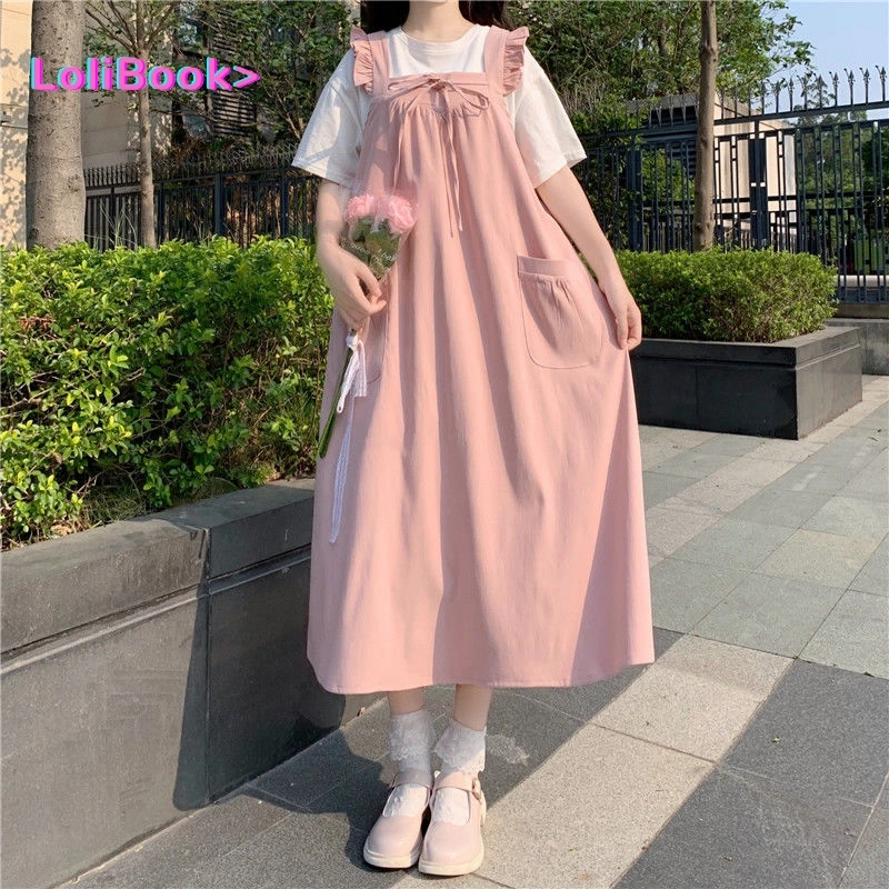 Lolibook летнее милое платье средней длины на бретелях женское розовое симпатичное