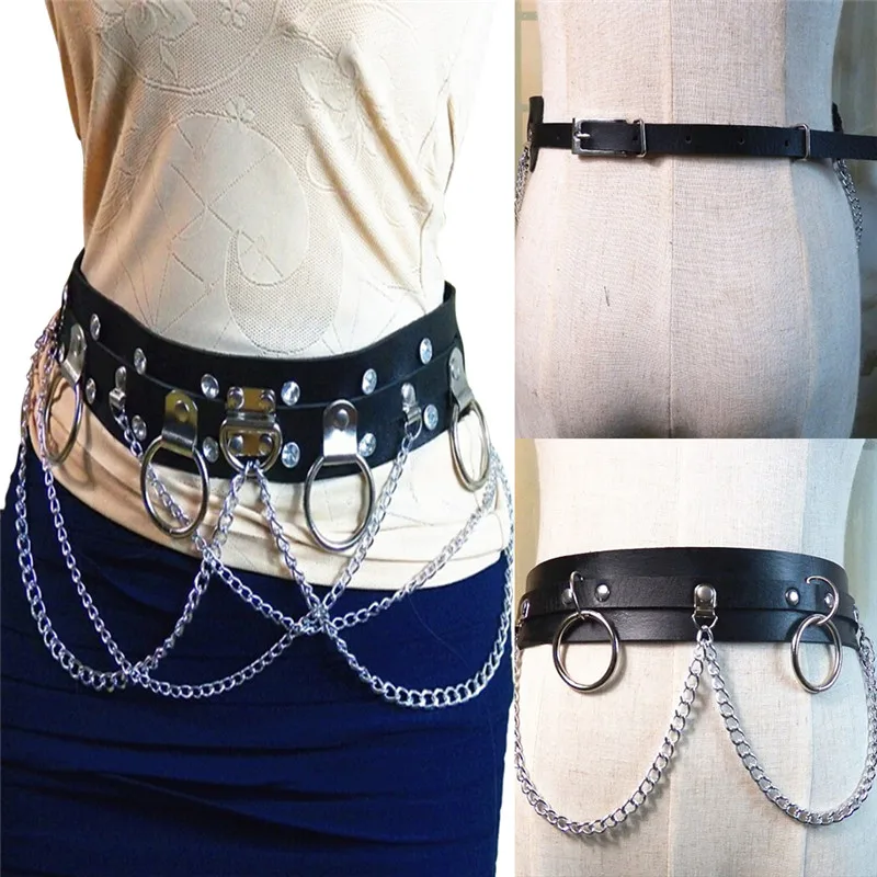 

Handmade Leather Waist Belt Harness Punk Circle Chain Metal Link Waist Belt
