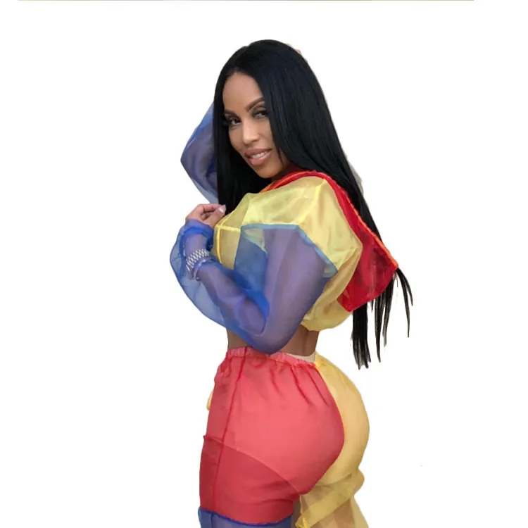 

2019 New Women's Organza Stitching Contrasting Color Casual Suit Perspective Hooded Two-Piece Set