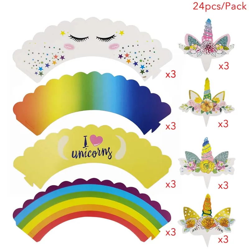 24pcs Unicorn 03 Радуга Единорог обертки для кексов торт Топпер Единорог День Рождения украшения для торта для вечеринки детский душ Единорог вечерние принадлежности - Цвет: 24pcs Unicorn 03