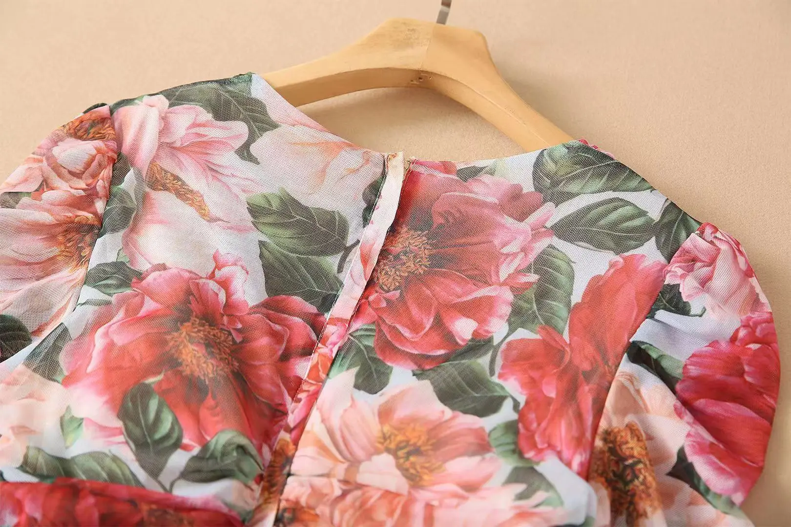 

Print 2021 Rose Pleated Bag Hip Square Collar Dress Sicily Luxury High Quality Mesh Vintage Full Fashion