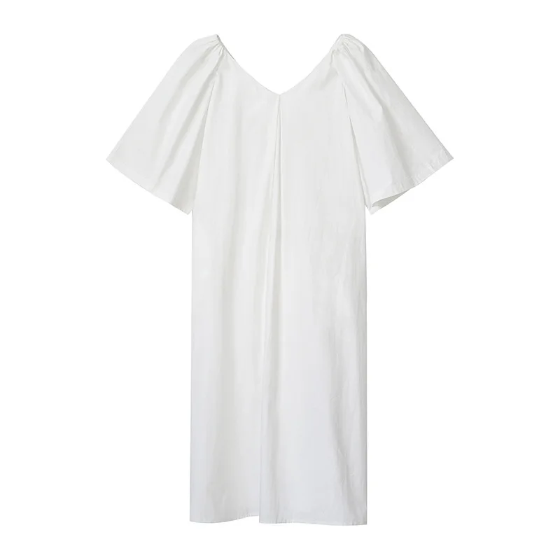 

TVVOVVIN 2021 Korean Summer New Simple V-neck Loose Short Sleeve Mid-length Dress Female Casual Solid Color Straight Dress GJ9Q