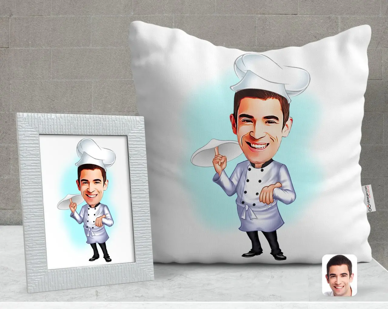 

Персонализированная Мужская поварская карикатура декоративная подушка и рамка Подарочный набор-4