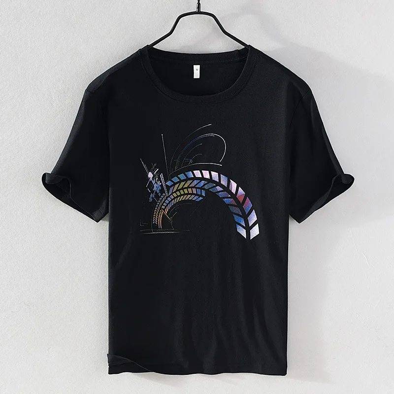 

8079 Men Linen T-Shirts Abstract Pattern Printed Fashion Chic Comfortable Tops O-Neck Short Sleeve Fresh Youth Streetwear Tees