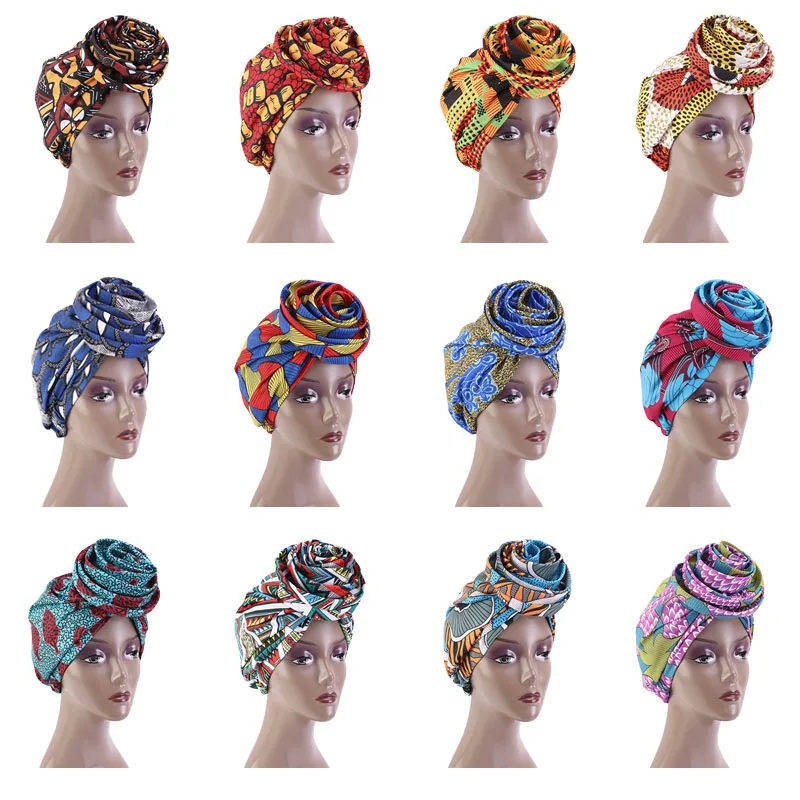 

30pcs/lot African Pattern Wowen Knot Headwrap Pre-Tied Knotted Turban Bonnet Satin linned Beanie Headscarf Cap Headwear