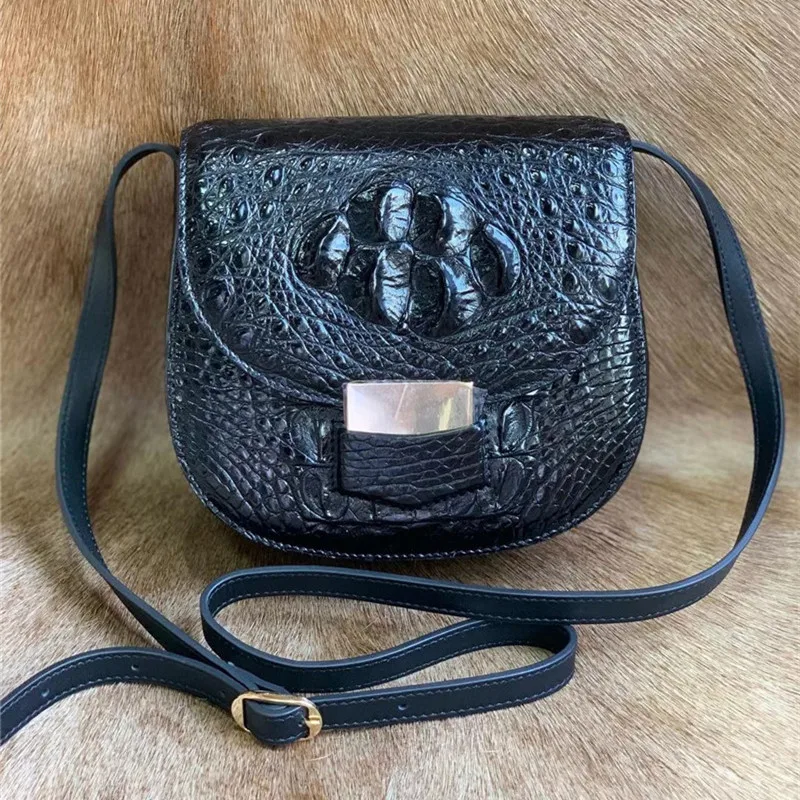 

Exotic Real Alligator Skin Women's Small Black Saddle Bag Genuine Crocodile Leather Female Mini Purse Lady Cross Shoulder Bag
