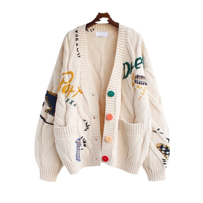 

Женский вязаный кардиган с карманами, Свободный теплый кардиган с вышивкой, Осень-зима 2021