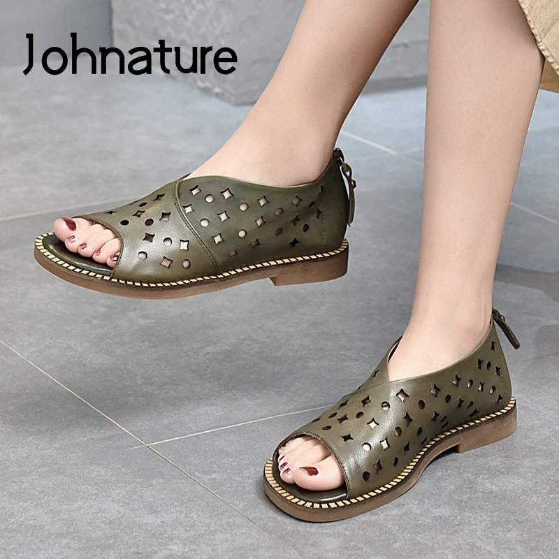 

Johnature Women Sandals Summer Shoes Genuine Leather Retro 2022 New Flat With Sewing Handmade Hollow Concise Ladies Sandals