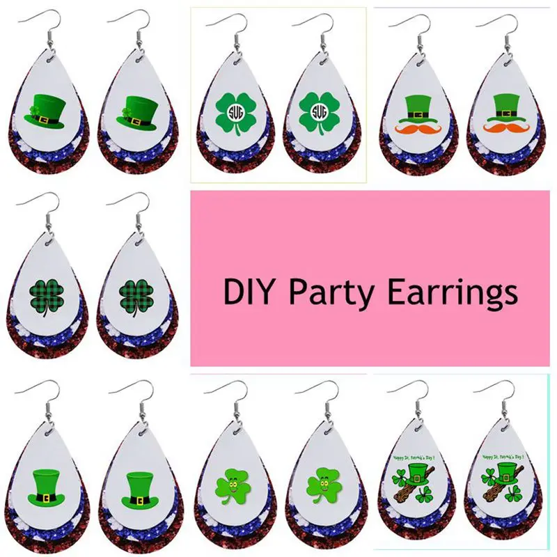 

St Patricks Day Faux Leather Earrings 7 Pairs / Set Hat Clover Leaf Printed Earrings 2021