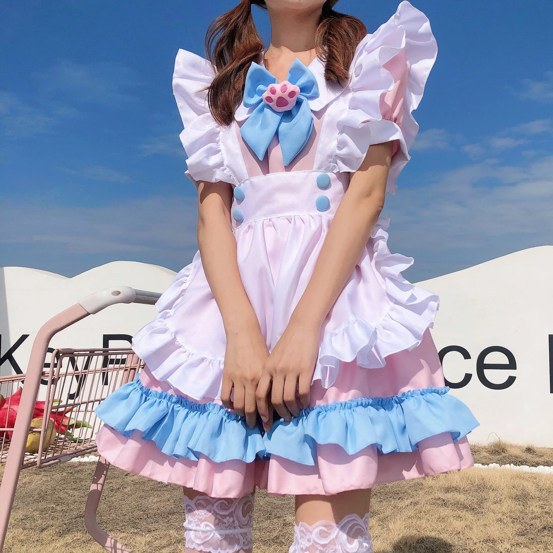 

Roupa de empregada feminina anime bonito gato rosa azul avental gato pata lolita vestidos cosplay traje conjunto completo mais