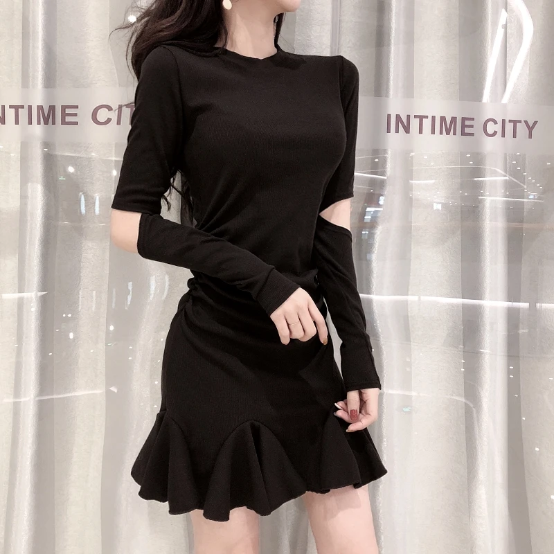 

Render Anglo-American new sexy cultivate one's morality dress long-sleeved falbala package hip round collar short skirt dress