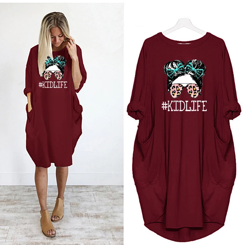 

2021 Midi t Shirt Dress Print Women Dresses Momlife Loose Long Sleeve Harajuku o Neck Pocket Vintage Casual Robes Femme