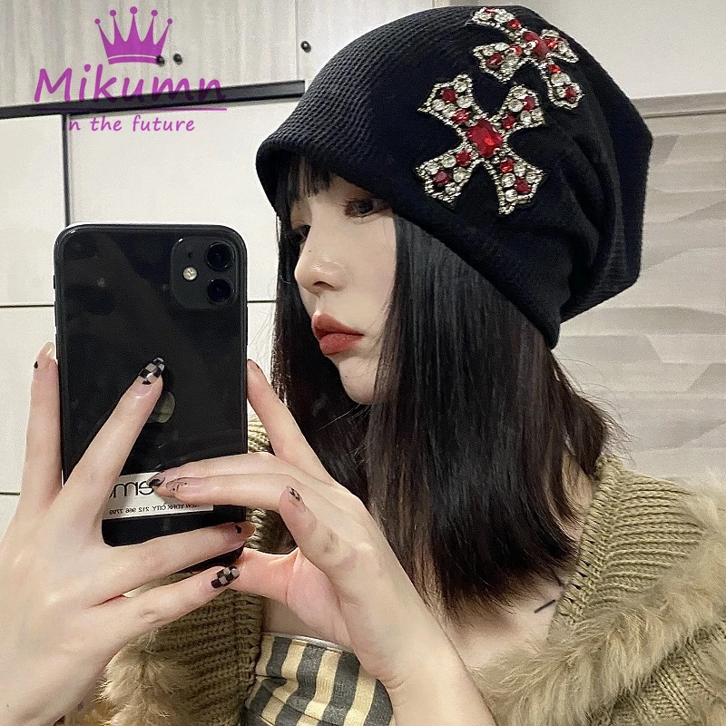 Harajuku Punk Rhinestone Cross Black Beanie Hats Gothic Women Girl Streetwear Fashion Rock  Hip Hop Caps