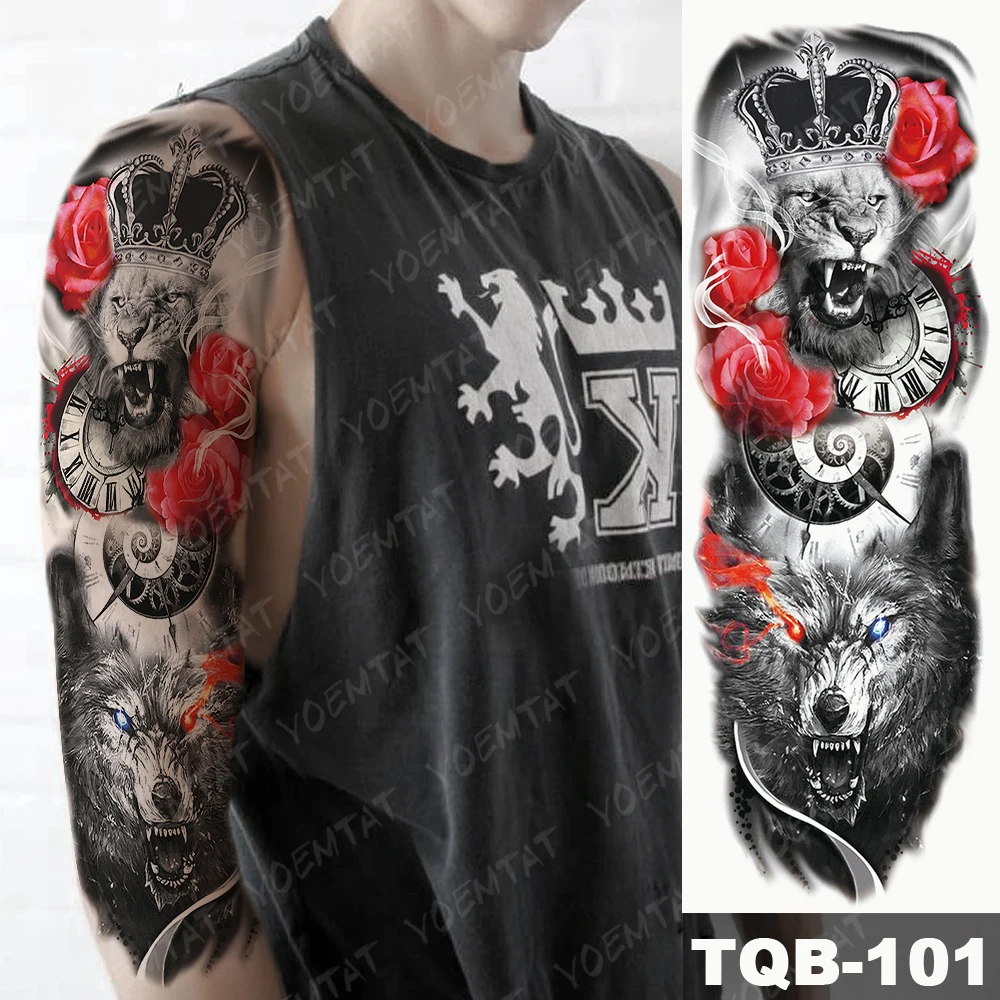 Large Arm Sleeve Tattoo Lion Crown King Rose Waterproof Temporary Tatoo Sticker Wild Wolf Tiger Men Full Skull Totem Tatto