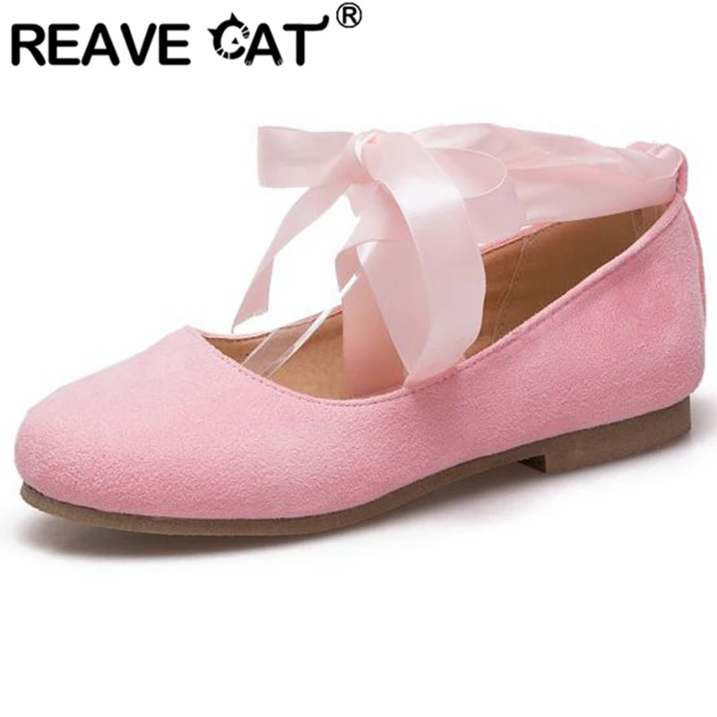 

REAVE CAT Performance Shoes Flats For Womens Round Toe Low Heels Flock Lace-up Large Size 35-43 Pink Black Elegant Spring A4590