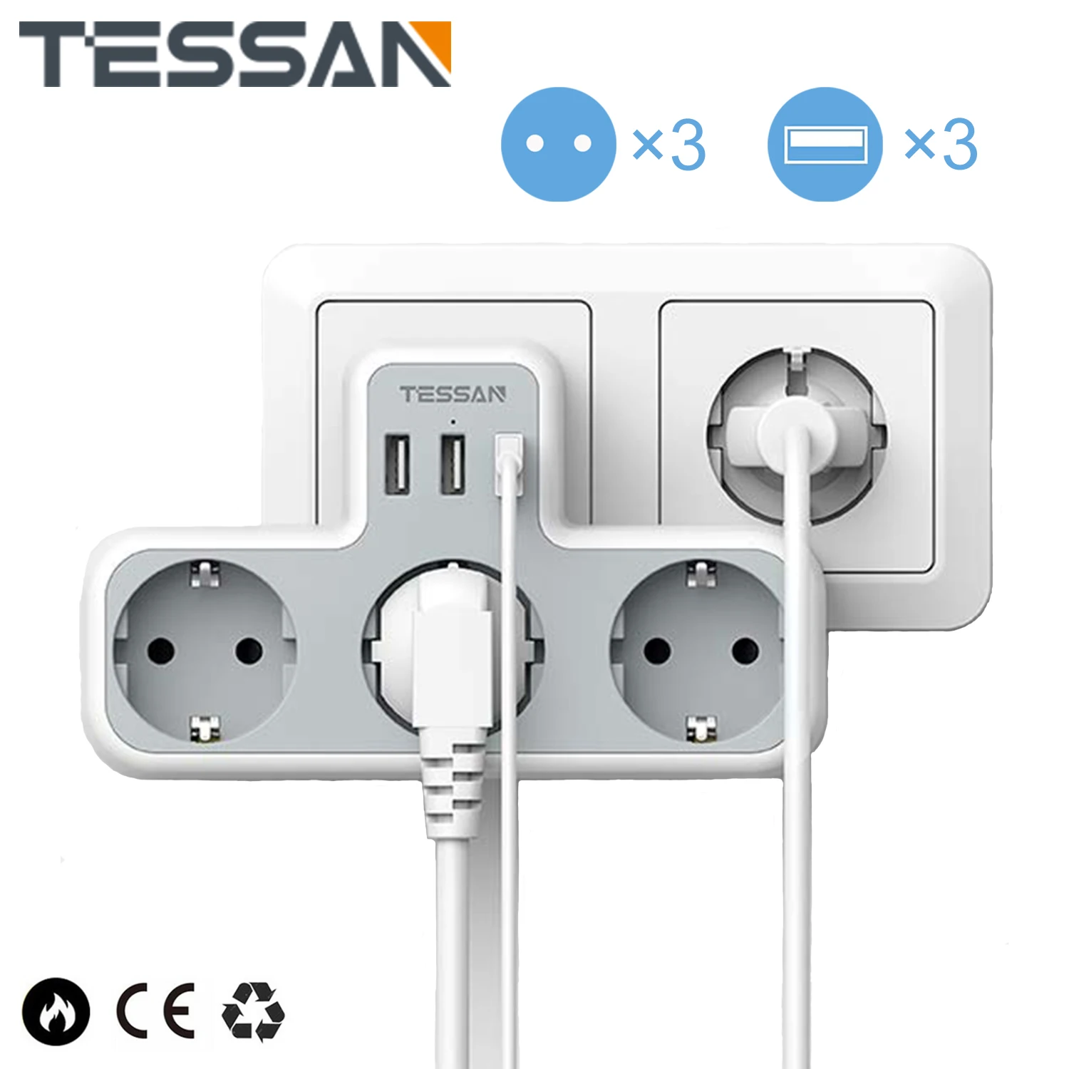 Настенная розетка TESSAN с 3 розетками переменного тока и USB-портами USB-адаптер 6 в 1