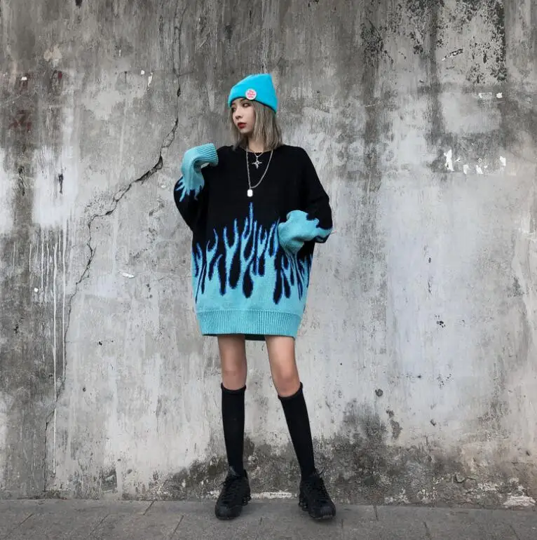 

Autumn winter fashion men and women hip hop streetwear retro flame pattern loose knitted warm o-neck oversize pullover sweater