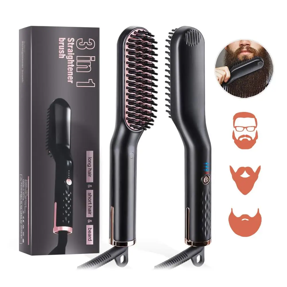 

3 In 1 Hair Straightener Comb Brush Anti Static Ceramic Heating Detangling Faster Straightening Beard Comb for Man