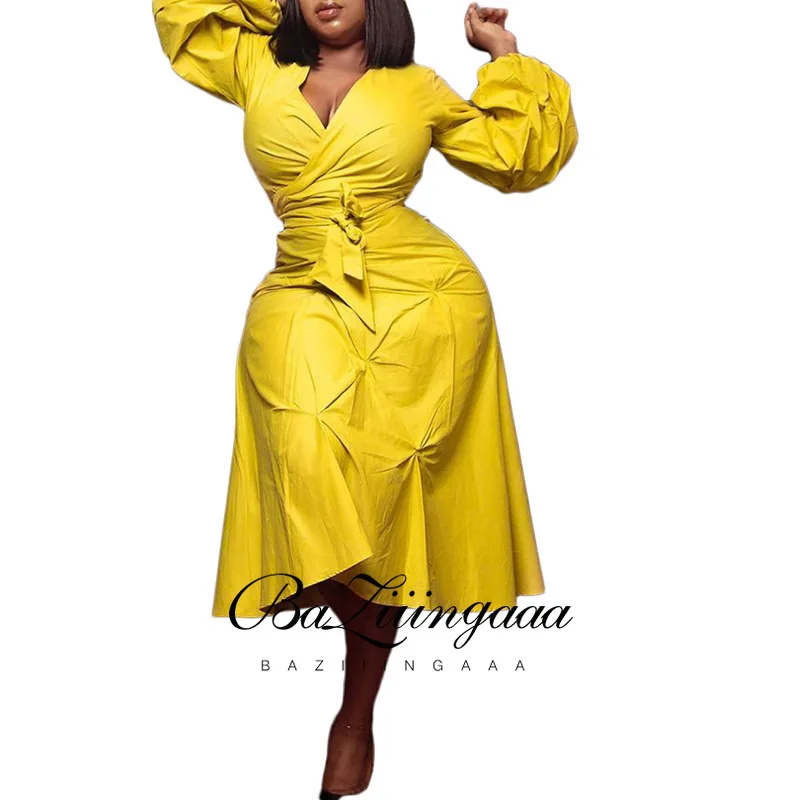 

BAZIIINGAAA Plus Size Evening Dresses Women With Long Sleeve V Neck Polyester Fabric is Stretch Fashion Women Clothes Dresses
