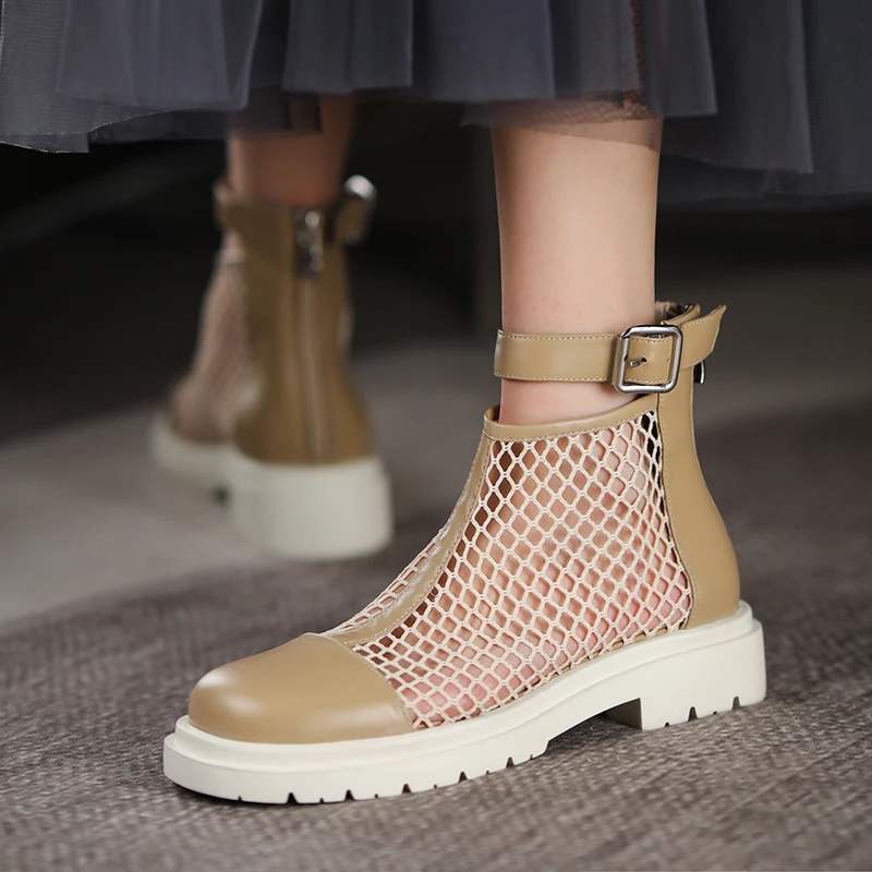 

New Genuine Leather Spring Mesh Sandals Fashion Buckle Strap Platform Sandals Thick Heel Women Boots Handmade Shoes Size 34-43