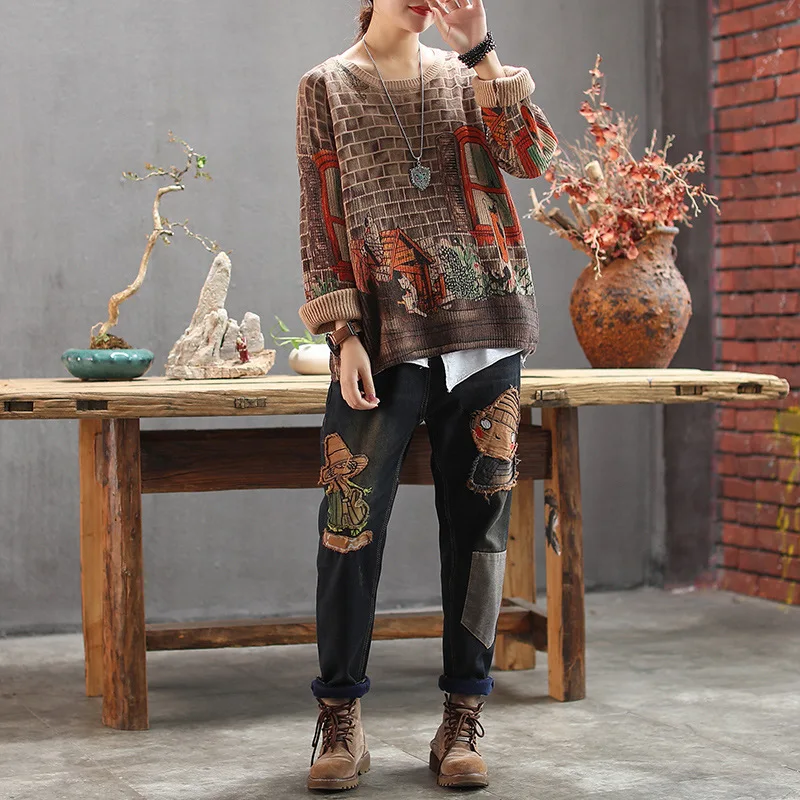 Women Sweater Autumn Winter Retro Large size Knitting Pullovers Tops 2019 New Ladies Print Pattern Loose All-match | Женская одежда