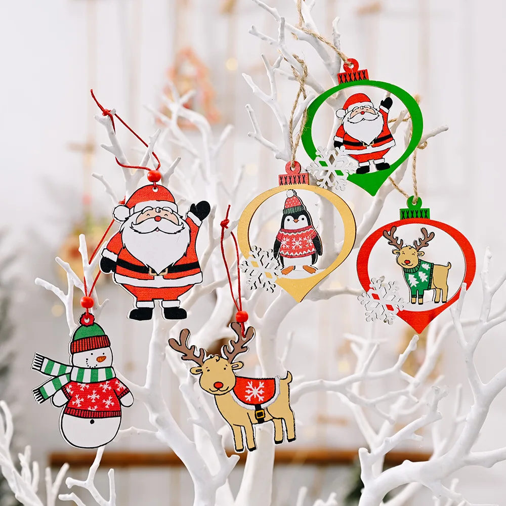 

JIEME 6PC New Christmas Tree Decoration Christmas Wooden Pendant Santa Snowman Penguin Pendant