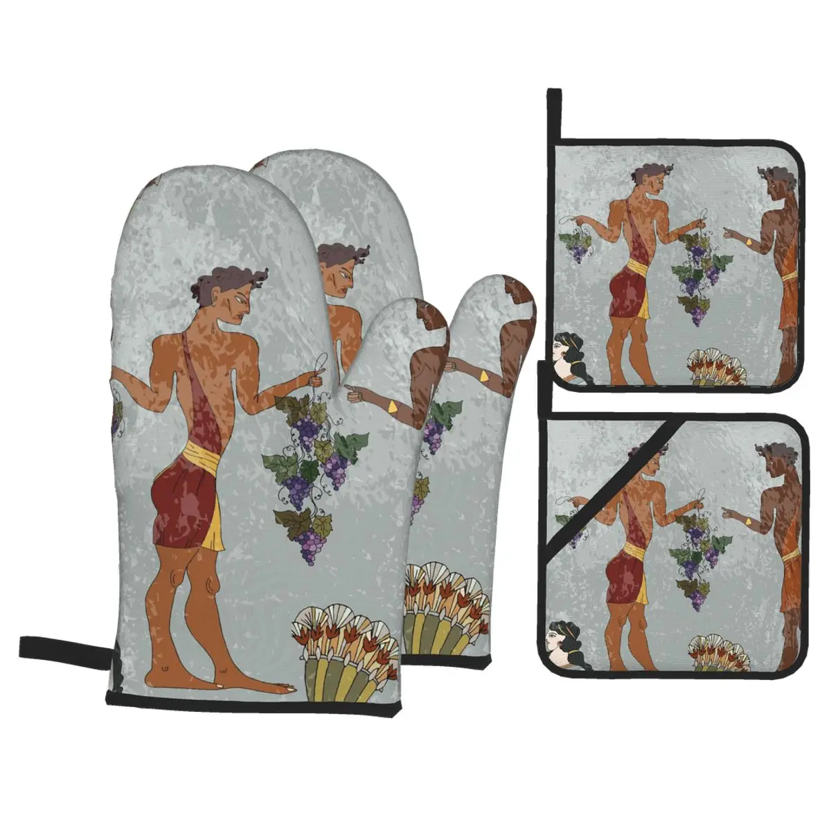 

4 Set of Kitchen Gloves Insulation Ancient Greece Frescos Pad Cooking Microwave Gloves Baking BBQ Oven Potholders Mitts