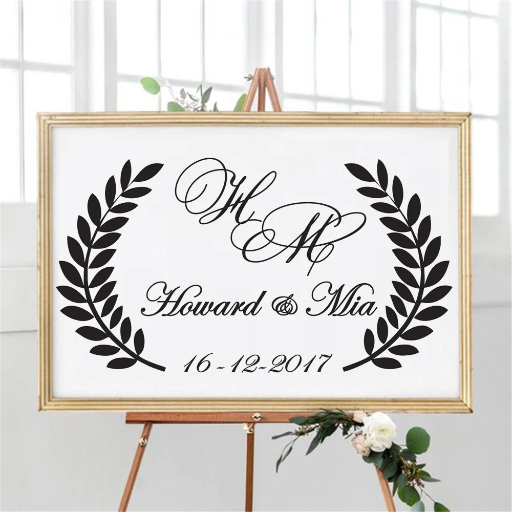 

Calcomanía de vinilo con señal de boda, pegatina de pared personalizada con nombres de novio y novia, decoración de baileWL1047
