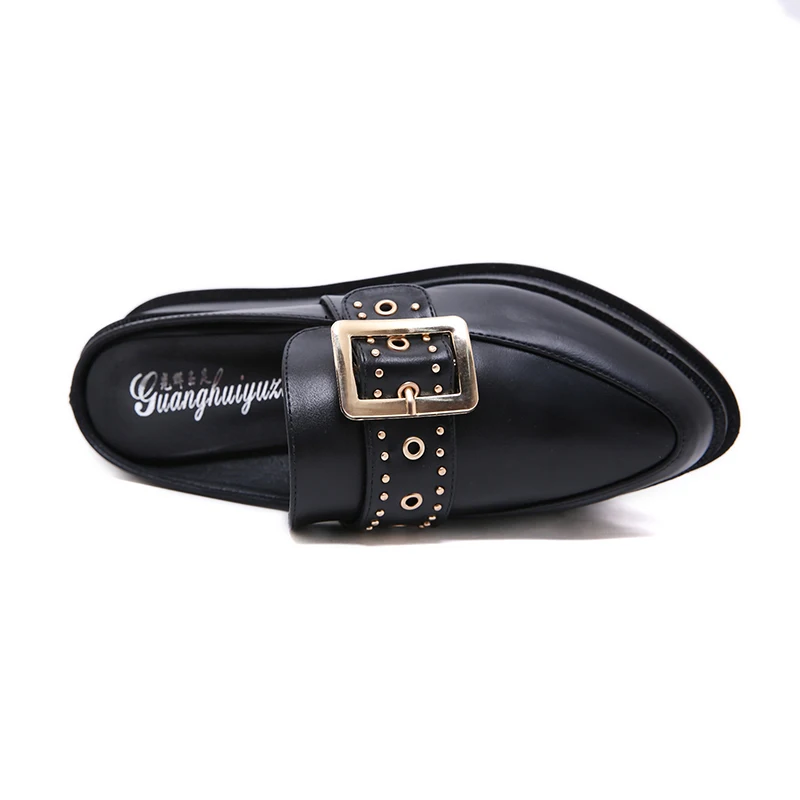 Женские сабо на платформе с металлической пряжкой кожаные шлепанцы танкетке