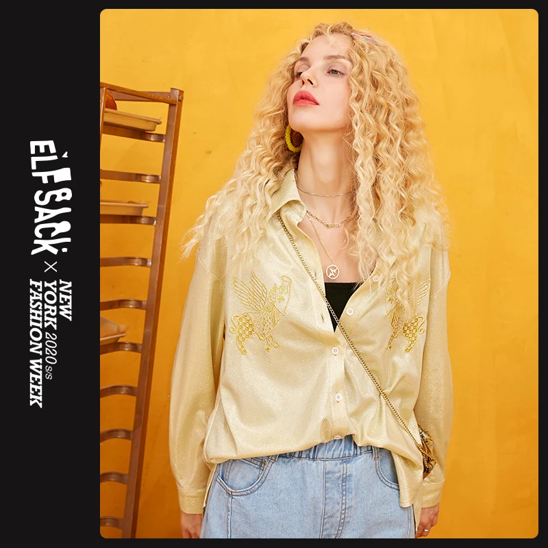 ELFSACK Женская одежда с вышитой Золотой Свинкой Элегантная блузка Футболка осень