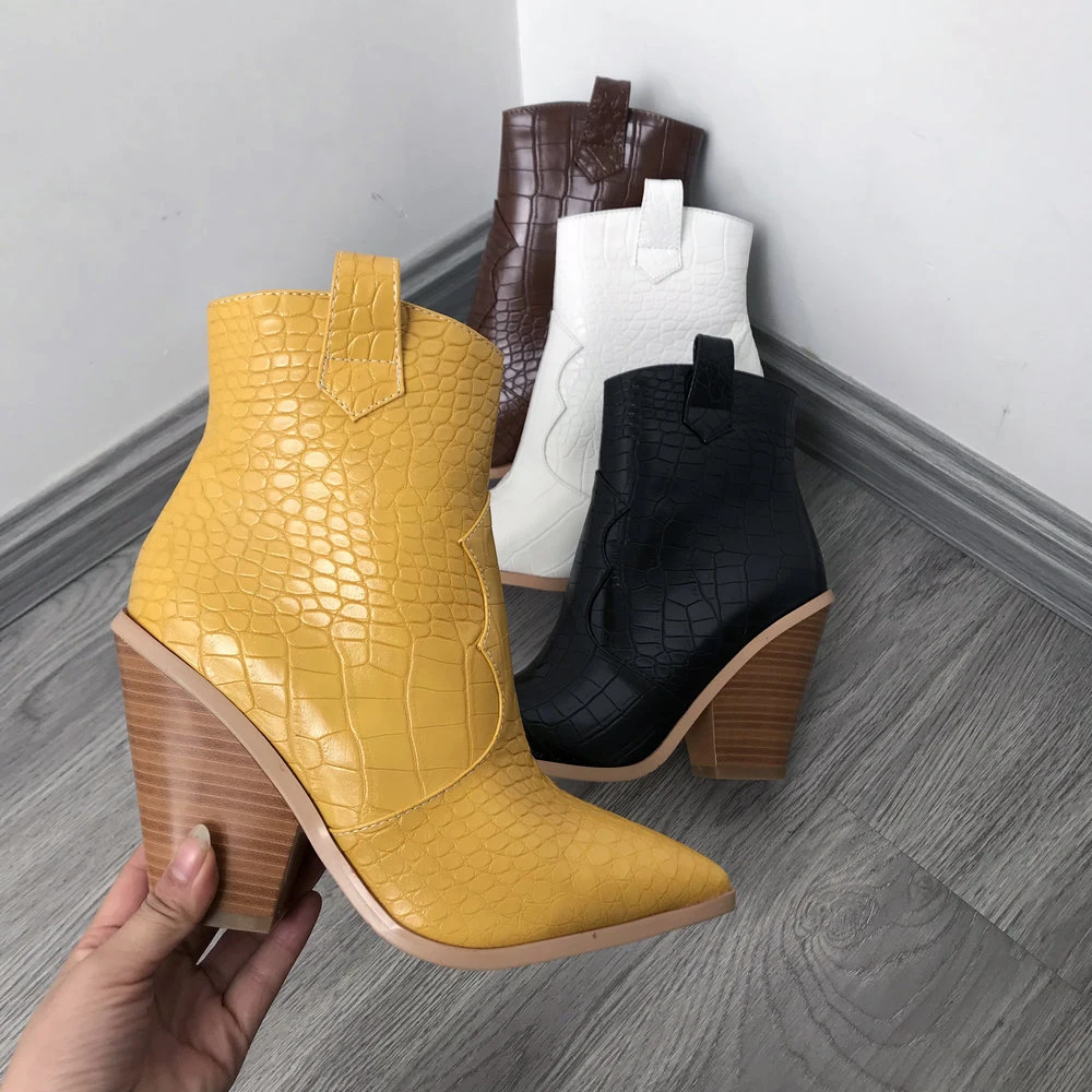 

Black White Brown Yellow Autumn Winter Ankle Boots for Women Western Cowboy Boots Woman Wedge High Heel Boots Pointed Toe 2019