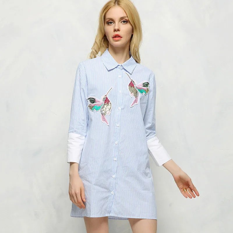 Женское платье рубашка в полоску с длинным рукавом голубое или белое короткое