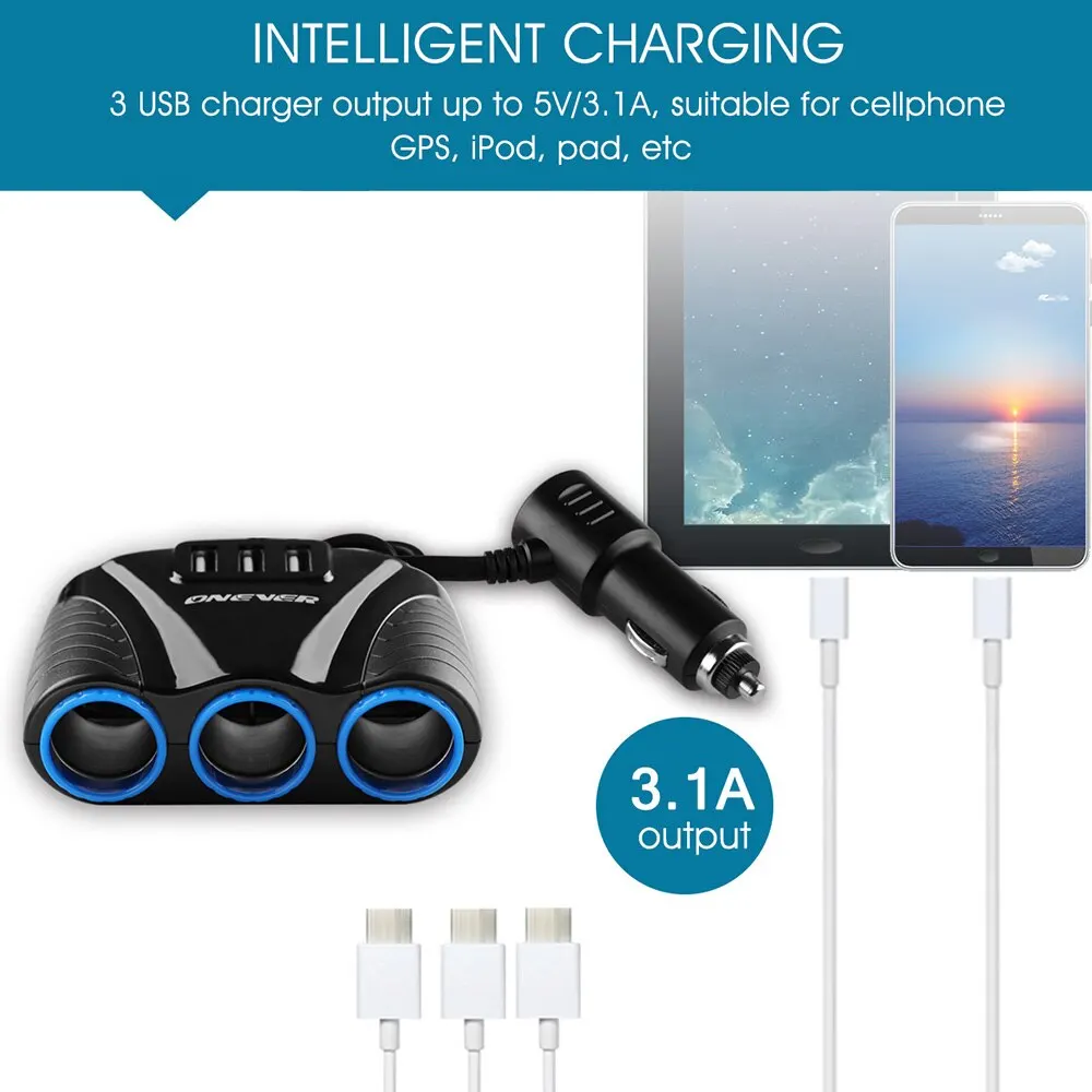 3.1A 12V-24V Blue Led Car Cigarette Lighter Socket Splitter Hub Power Adapter For IPad Smartphone 3 USB Port Way | Автомобили и