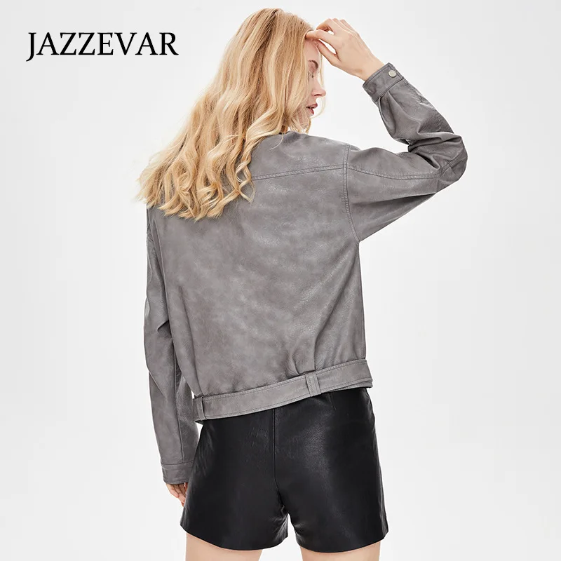 JAZZEVAR Motorcycle Women's Spring 2023 New Loose and Versatile PU Small Short Leather Jacket