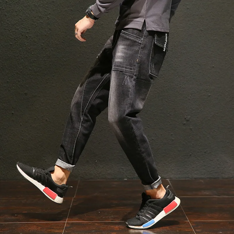 Япония стиль свободный крой Твердые Джинсовые брюки-кросс для мужчин весна осень