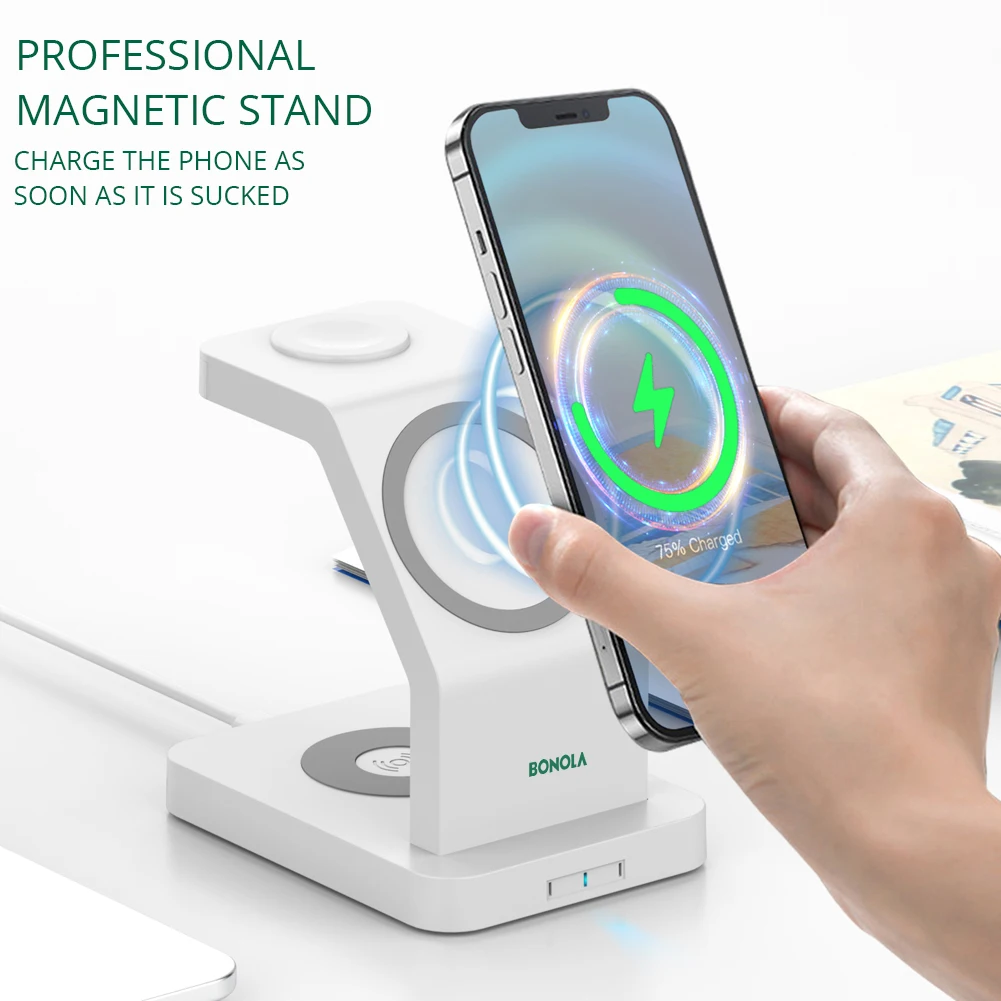 bonola qi 15w magnetic charger wireless 3 in 1 for iphone 12 pro max12mini fast charging station for apple watchairpods pro free global shipping