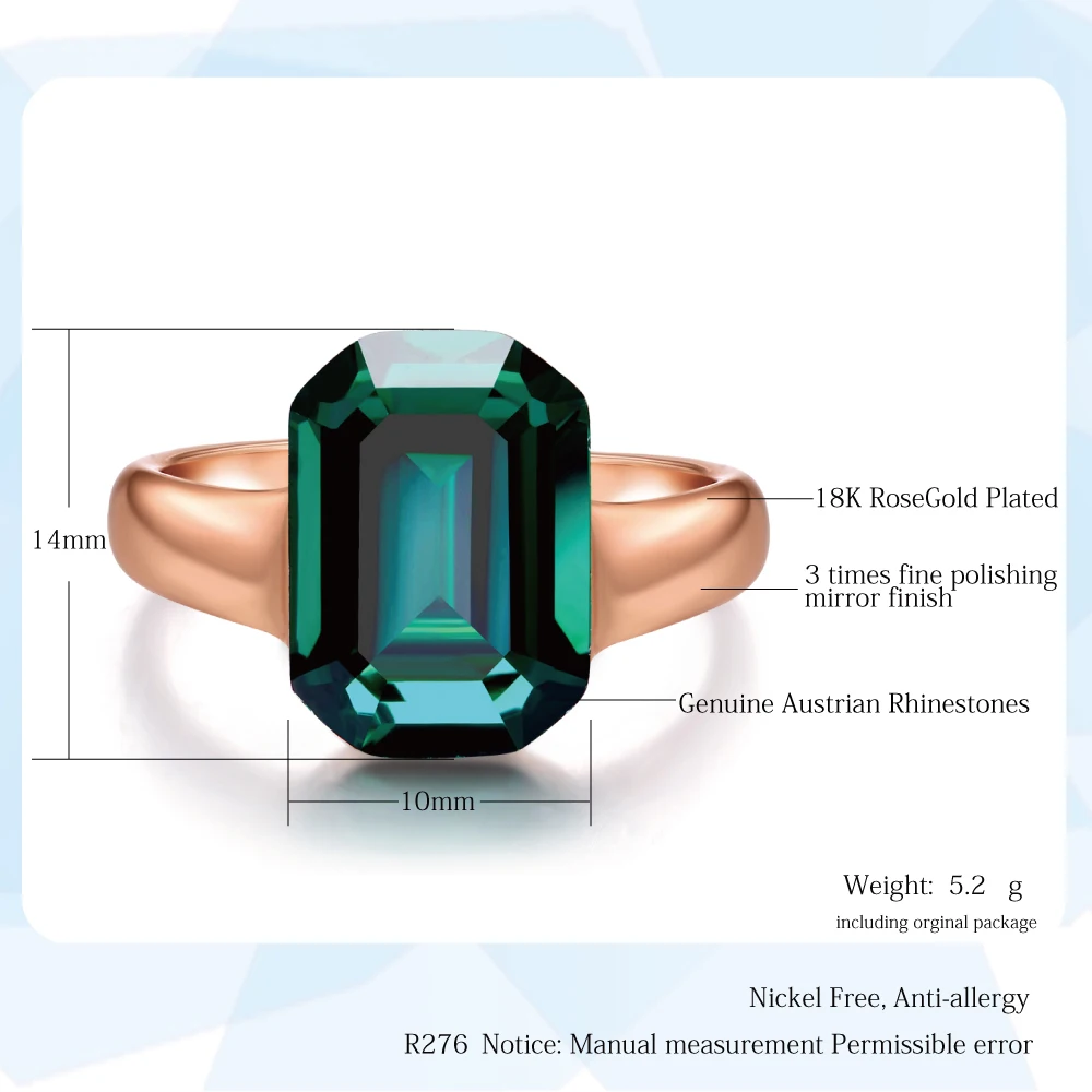Женское кольцо на палец зеленое с большим кристаллом розовое золото|crystal jewelry|finger