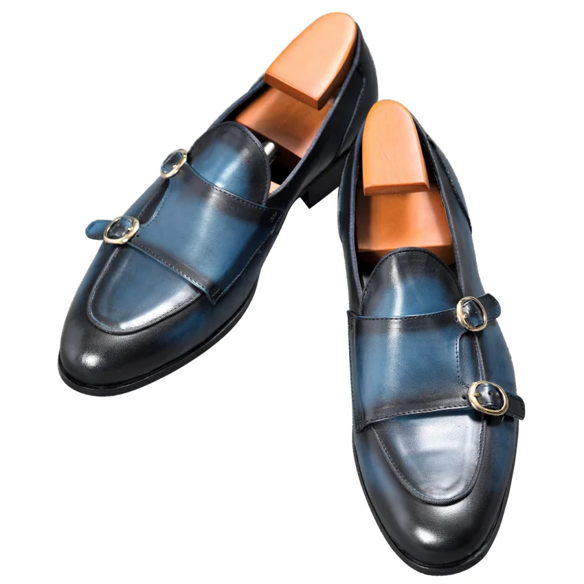 Genuine Leather Mens Casual Shoes Brown Blue Color Office Business Oxford Double Buckle Strap Italy Style Shoe | Обувь